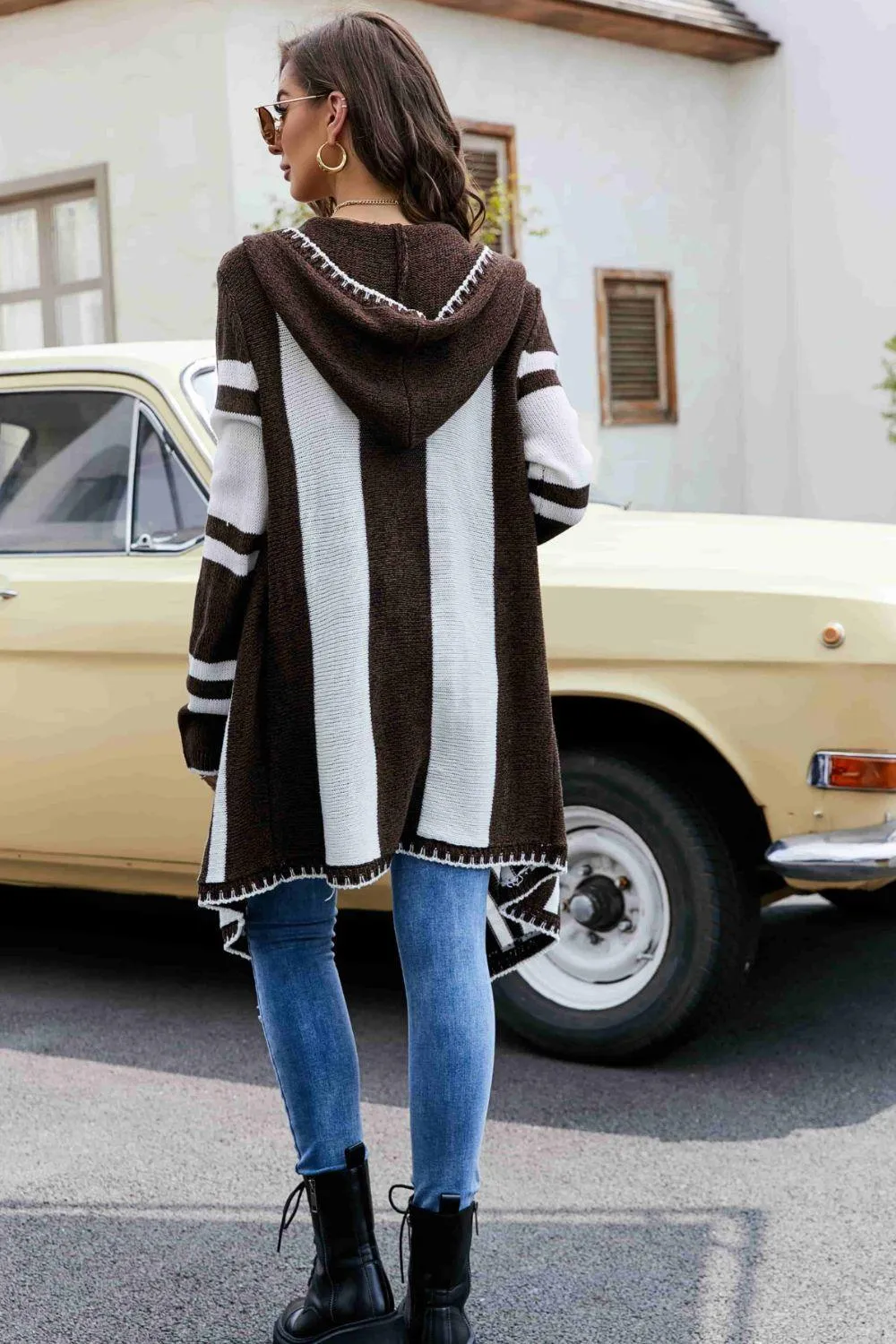 Remarkable Striped Open Front Hooded Cardigan
