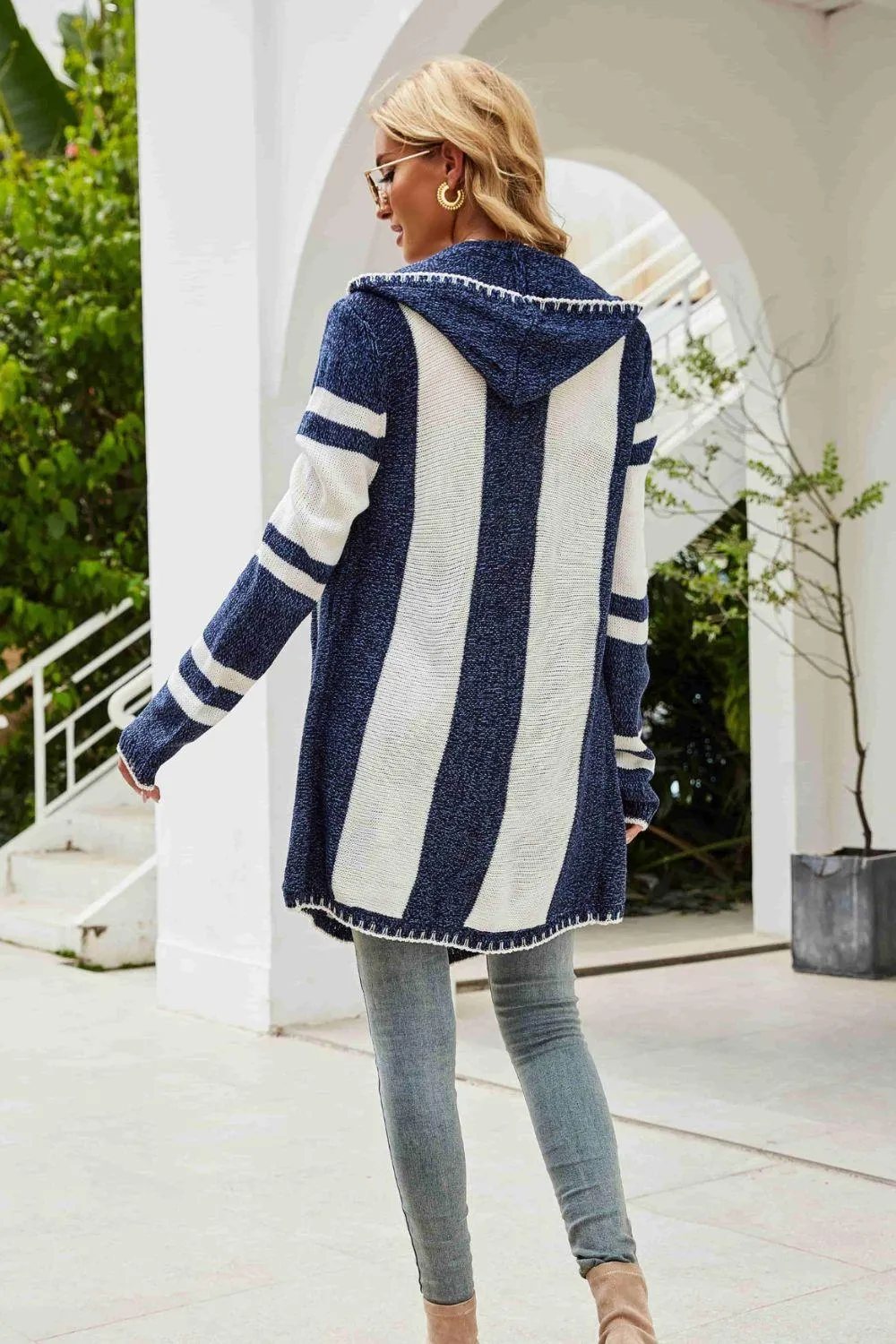 Remarkable Striped Open Front Hooded Cardigan