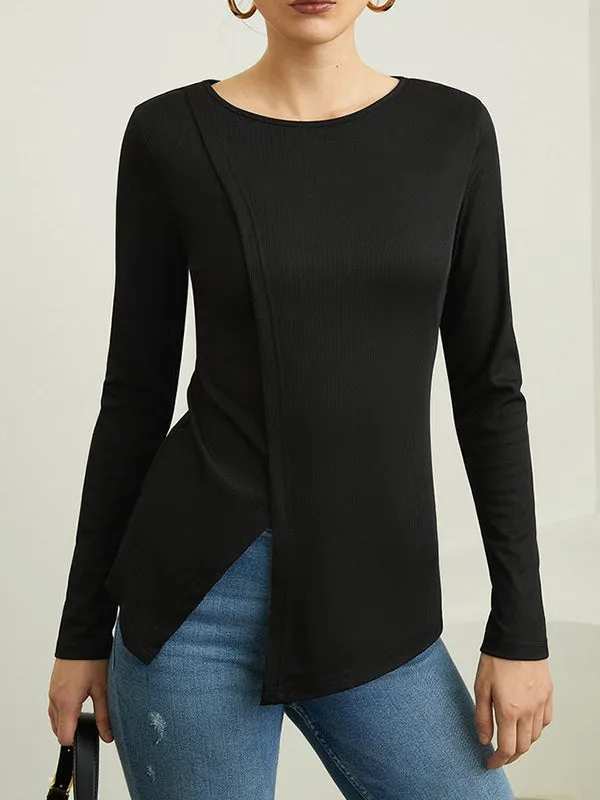 Solid Color Split-Joint Split-side Skinny Round-neck T-shirts