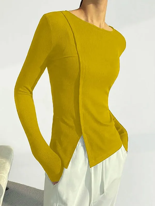 Solid Color Split-Joint Split-side Skinny Round-neck T-shirts