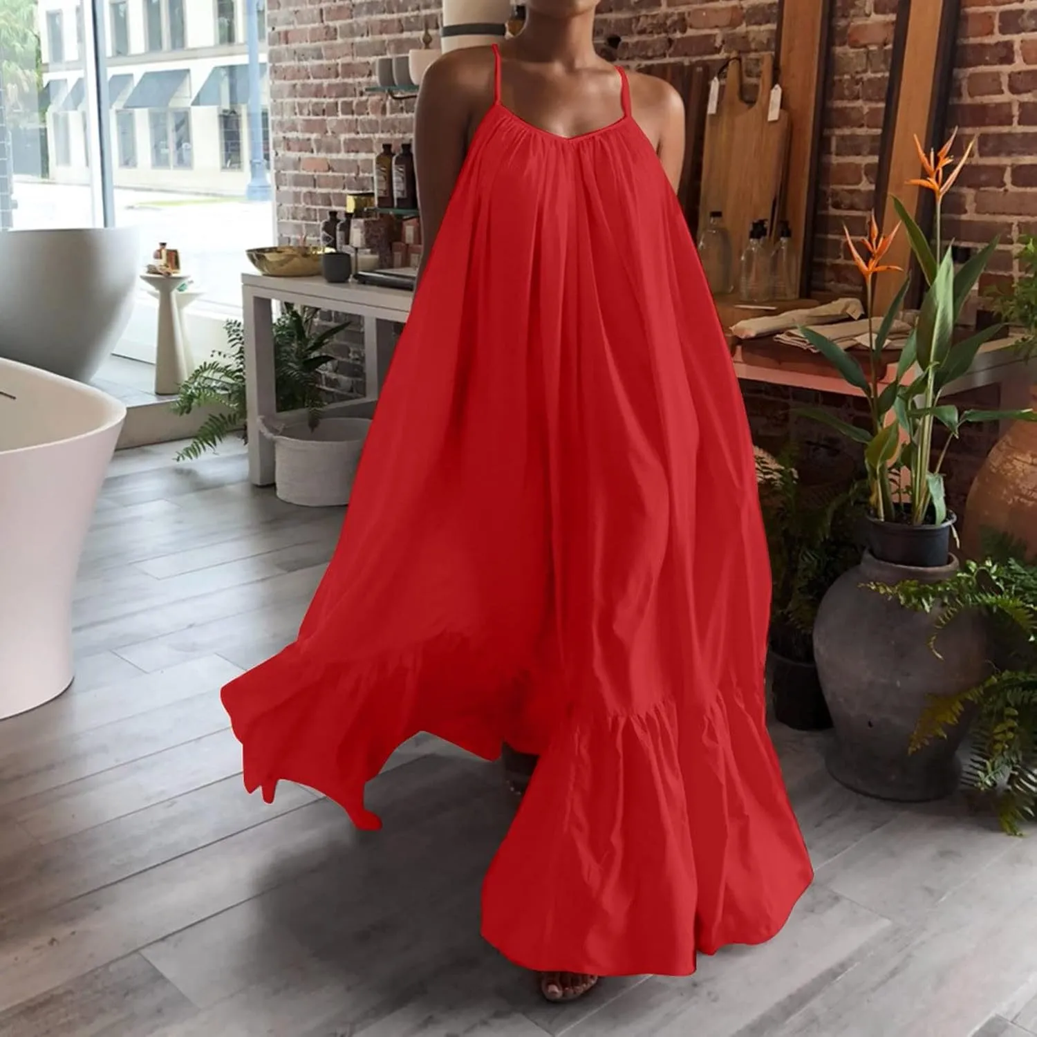 Spaghetti Strap Dresses for Women Plus Size Summer Sleeveless Casual Flowy Boho Dress Ruffle Swing Midi Sundress