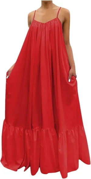 Spaghetti Strap Dresses for Women Plus Size Summer Sleeveless Casual Flowy Boho Dress Ruffle Swing Midi Sundress