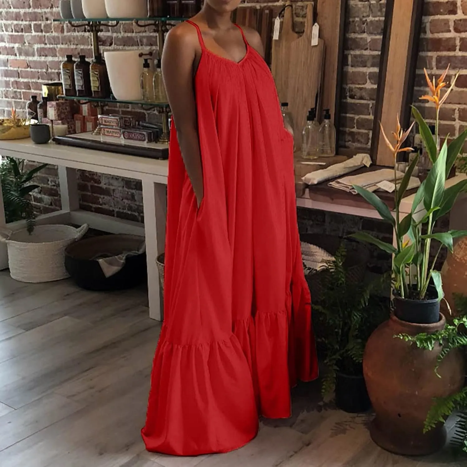 Spaghetti Strap Dresses for Women Plus Size Summer Sleeveless Casual Flowy Boho Dress Ruffle Swing Midi Sundress