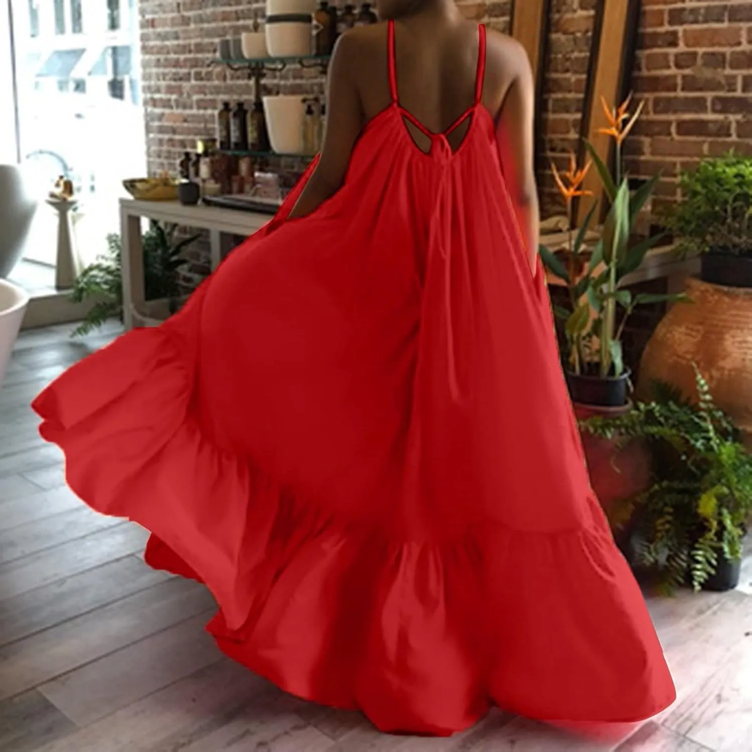 Spaghetti Strap Dresses for Women Plus Size Summer Sleeveless Casual Flowy Boho Dress Ruffle Swing Midi Sundress