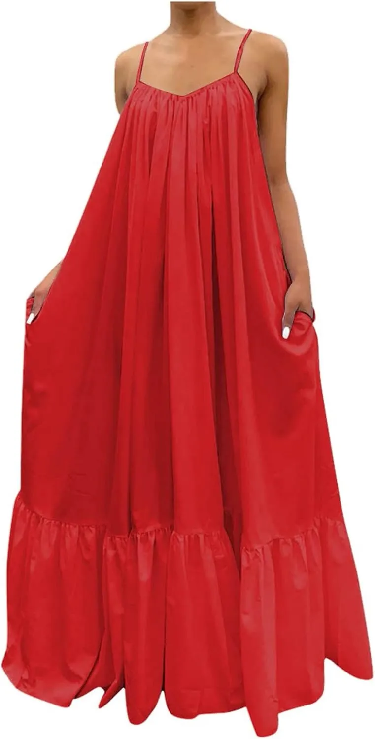 Spaghetti Strap Dresses for Women Plus Size Summer Sleeveless Casual Flowy Boho Dress Ruffle Swing Midi Sundress