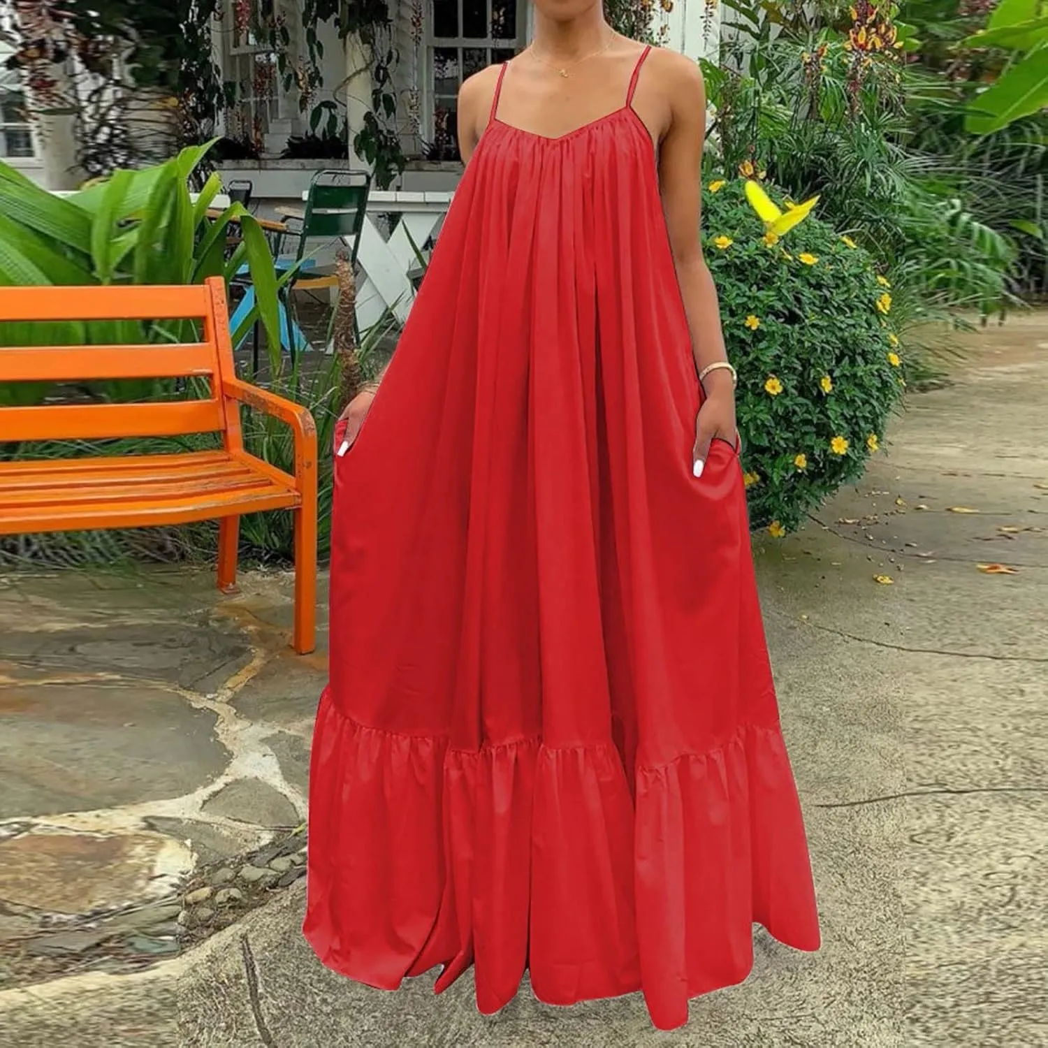 Spaghetti Strap Dresses for Women Plus Size Summer Sleeveless Casual Flowy Boho Dress Ruffle Swing Midi Sundress