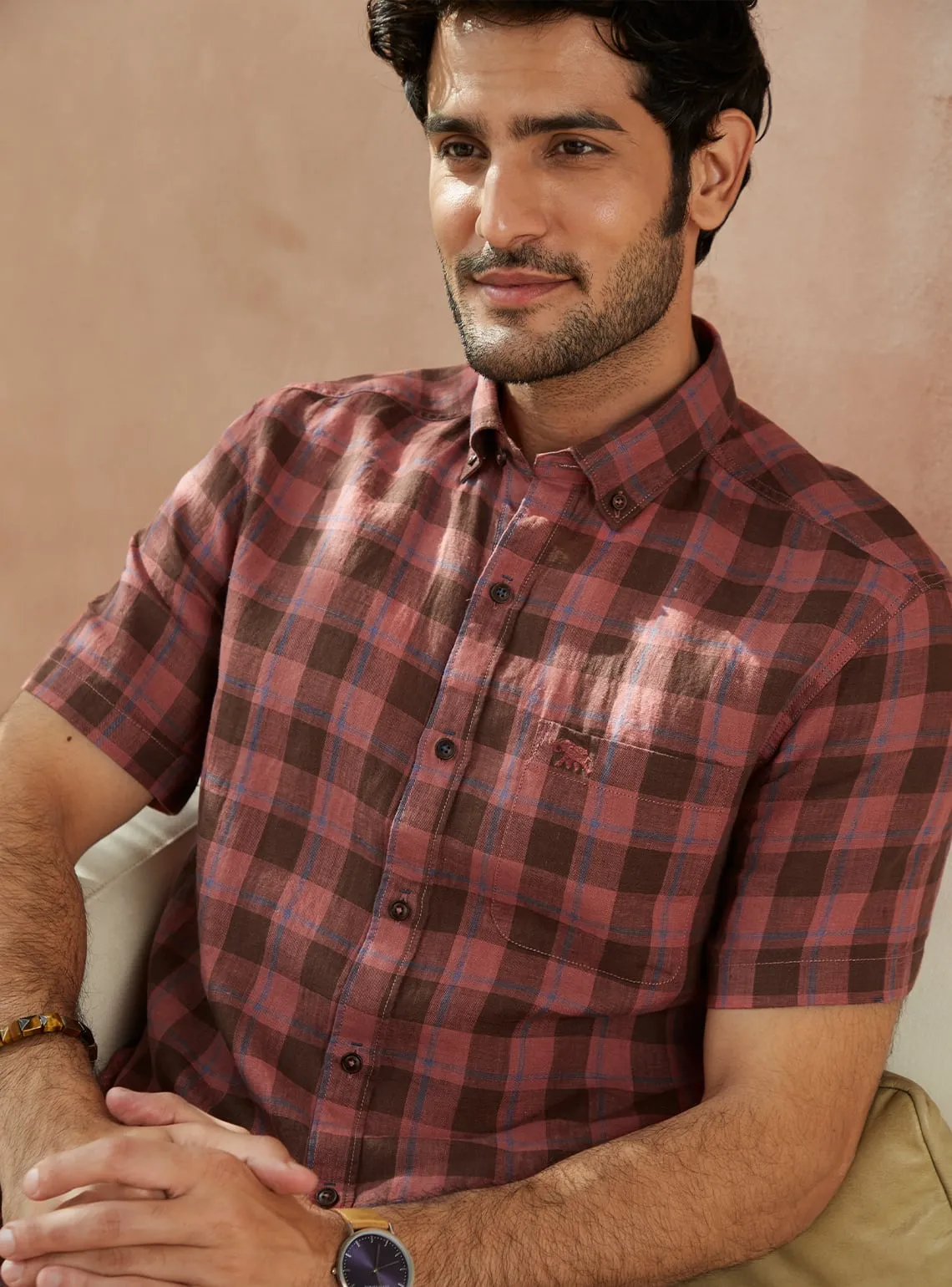 Terracotta Grid Linen Half Shirt