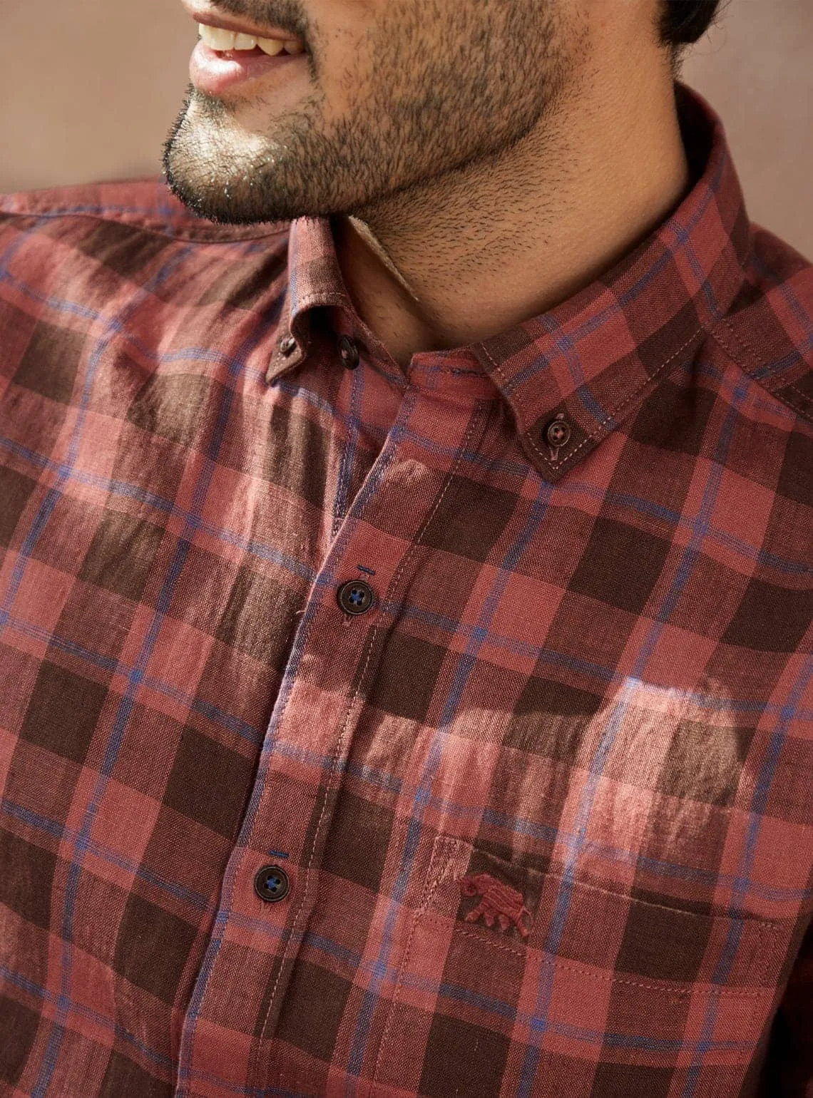 Terracotta Grid Linen Half Shirt