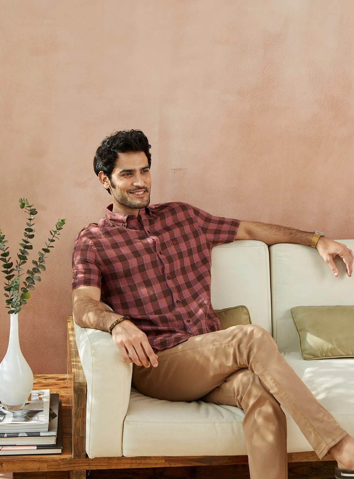 Terracotta Grid Linen Half Shirt