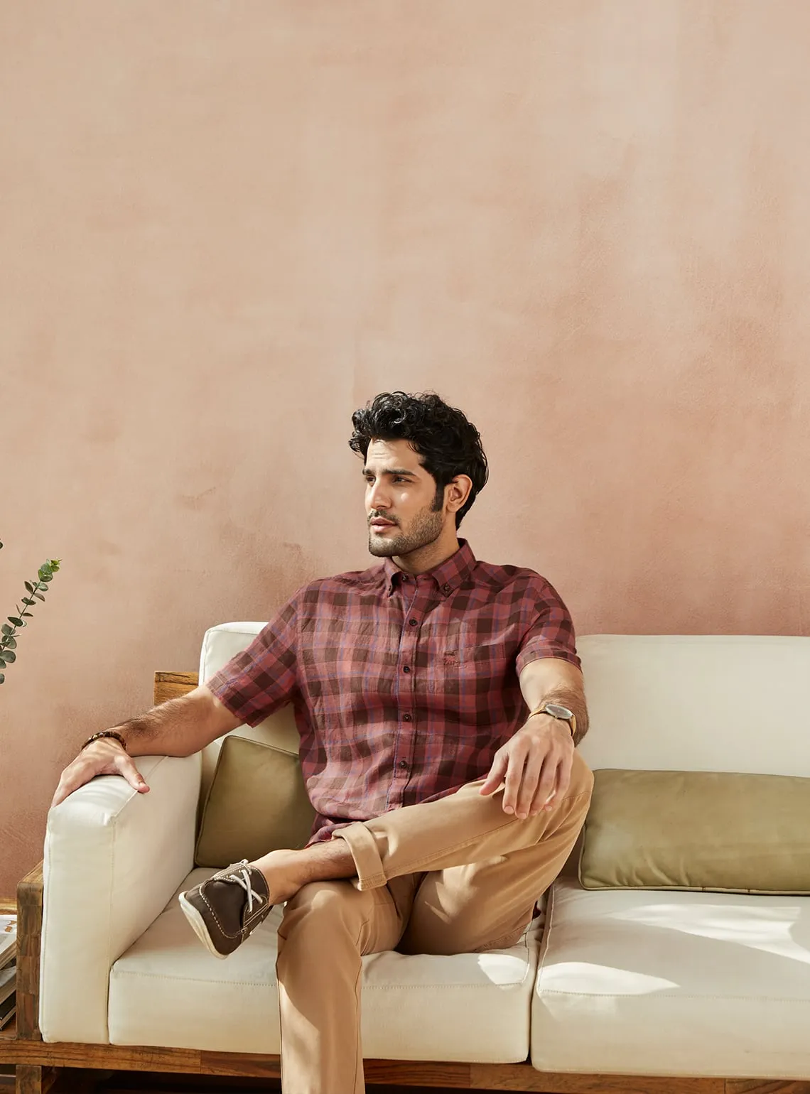 Terracotta Grid Linen Half Shirt