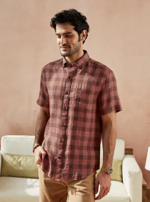 Terracotta Grid Linen Half Shirt