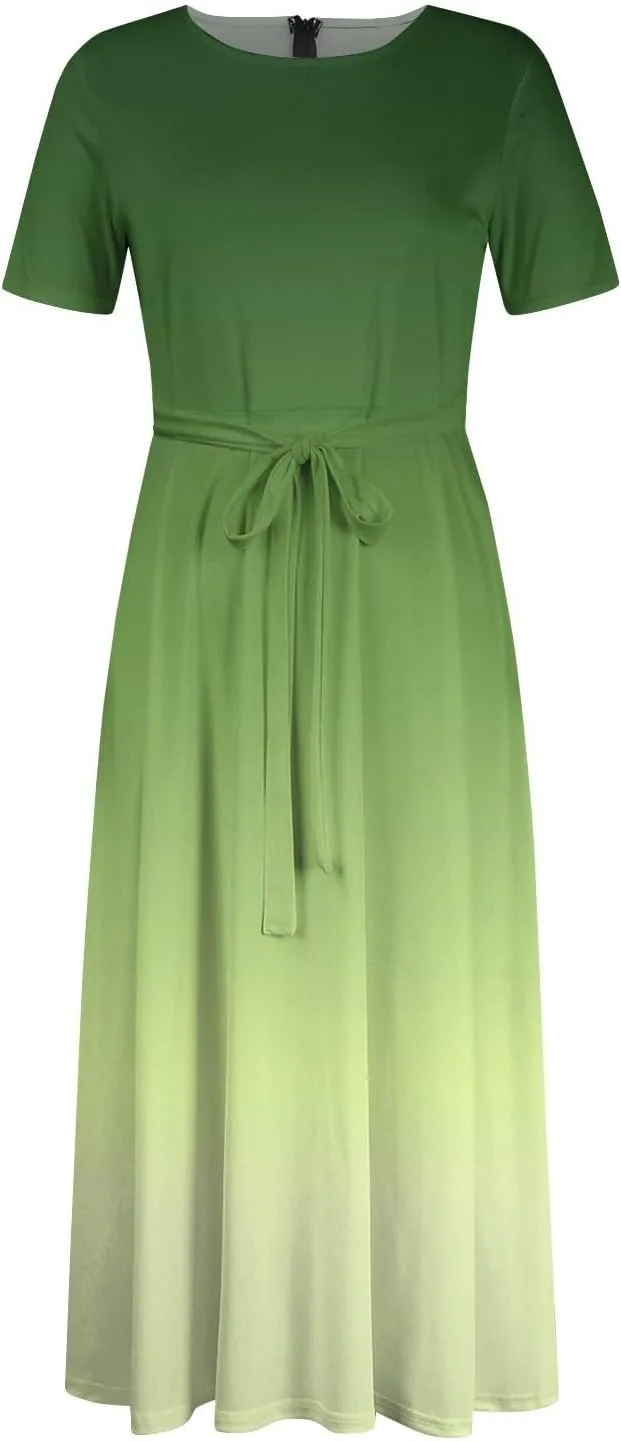 Trendy Short Sleeve Maxi Dresses Casual Plus Size Crewneck Long Sundress Elegant Formal A Line Smocked Flowy Party Dress