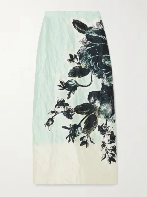 Violetta floral-print crinkled-satin midi skirt