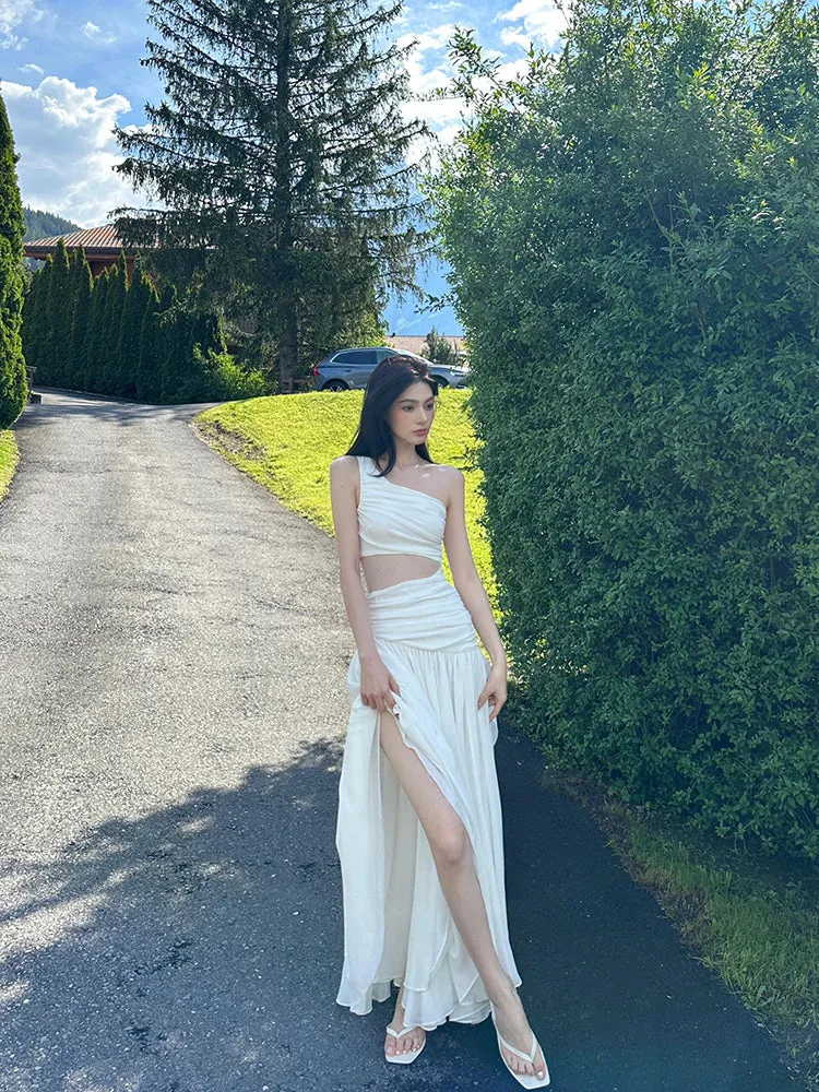 White Cutout One-Shoulder Lace Maxi Dress – Beachy & Feminine Grace