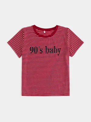 Wholesale Round Neck Stripe Letter Short Sleeve Red T-Shirts