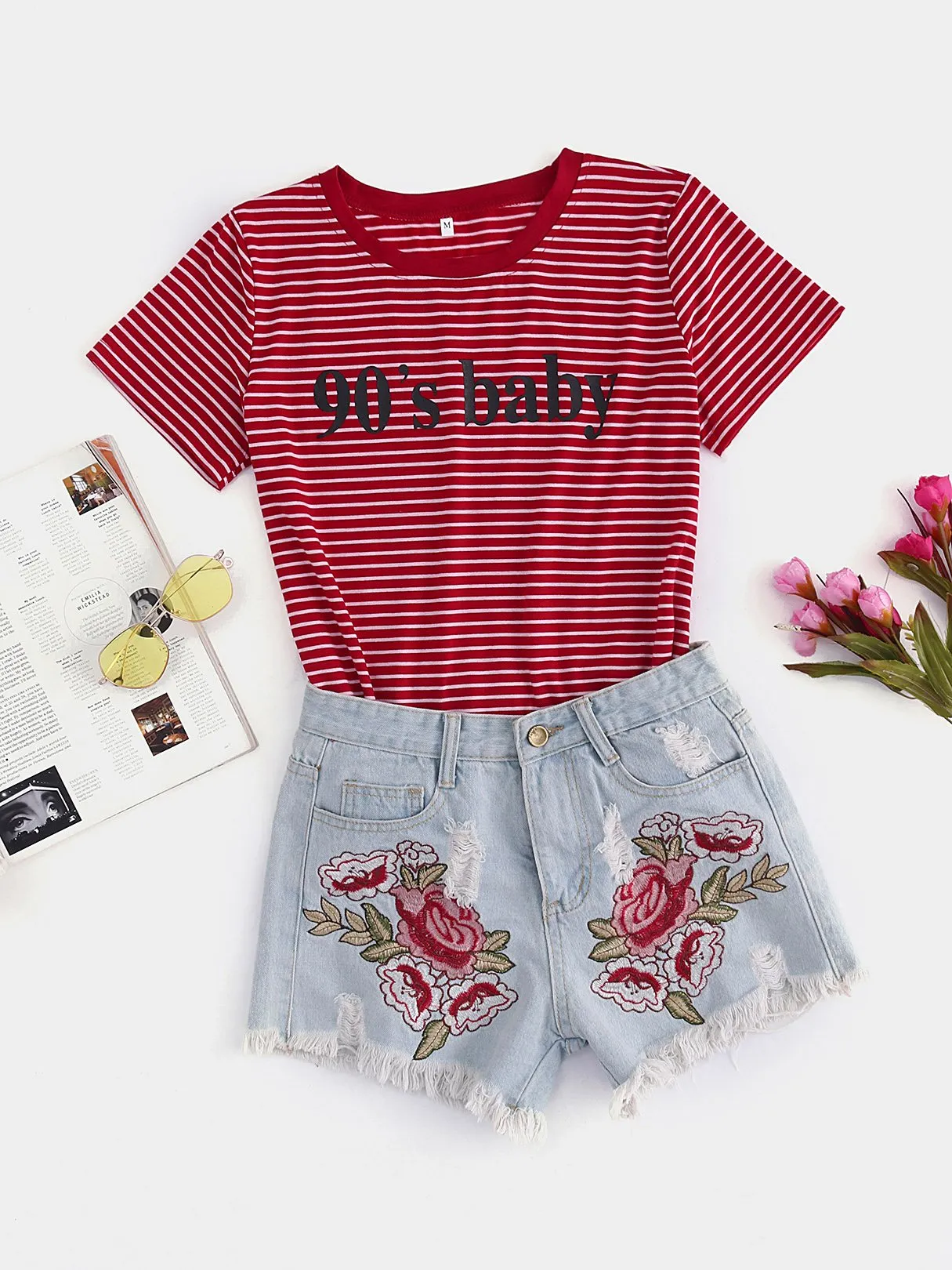 Wholesale Round Neck Stripe Letter Short Sleeve Red T-Shirts