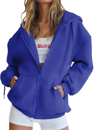 Women Full Zip Up Oversized Hoodie Solid Color Sweatshirt Long Sleeve Sweater Trendy Teen Girls Clothing 2024