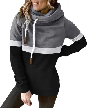 Women's Turtleneck Hoodie Colorblock Long Sleeve Casual Sweatshirt Fashion Drawstring Workout Hooded Pullover