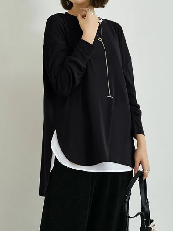 xakxx Simple Long Sleeves Loose Split-Side Solid Color Round-Neck T-Shirts Tops