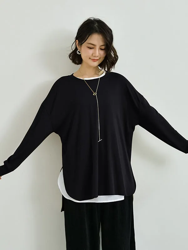 xakxx Simple Long Sleeves Loose Split-Side Solid Color Round-Neck T-Shirts Tops