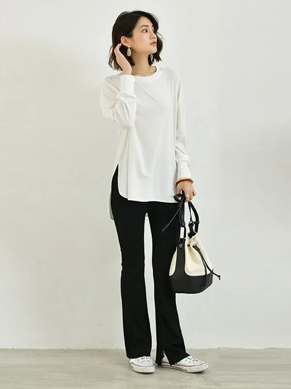 xakxx Simple Long Sleeves Loose Split-Side Solid Color Round-Neck T-Shirts Tops