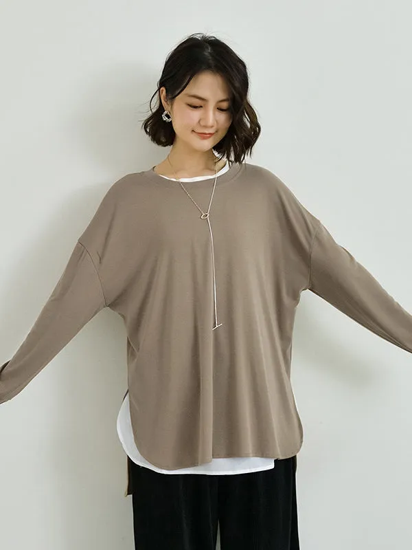 xakxx Simple Long Sleeves Loose Split-Side Solid Color Round-Neck T-Shirts Tops