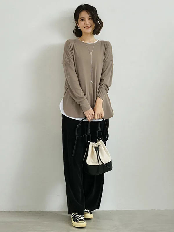 xakxx Simple Long Sleeves Loose Split-Side Solid Color Round-Neck T-Shirts Tops