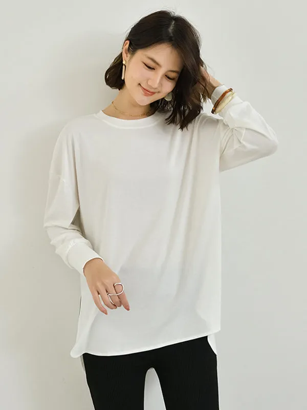 xakxx Simple Long Sleeves Loose Split-Side Solid Color Round-Neck T-Shirts Tops