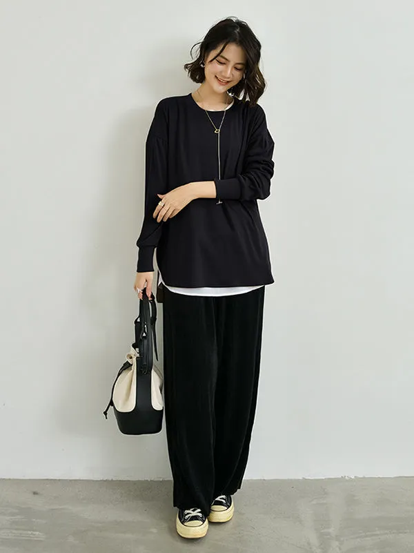 xakxx Simple Long Sleeves Loose Split-Side Solid Color Round-Neck T-Shirts Tops