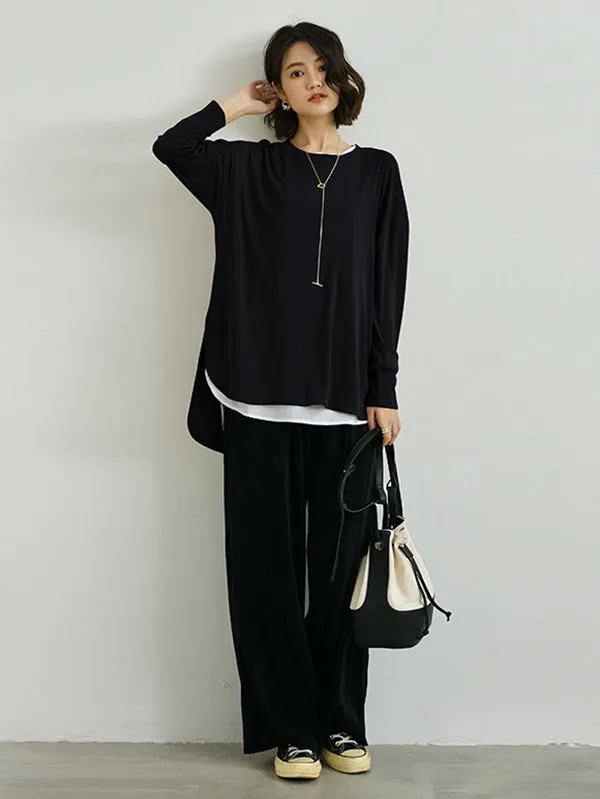 xakxx Simple Long Sleeves Loose Split-Side Solid Color Round-Neck T-Shirts Tops