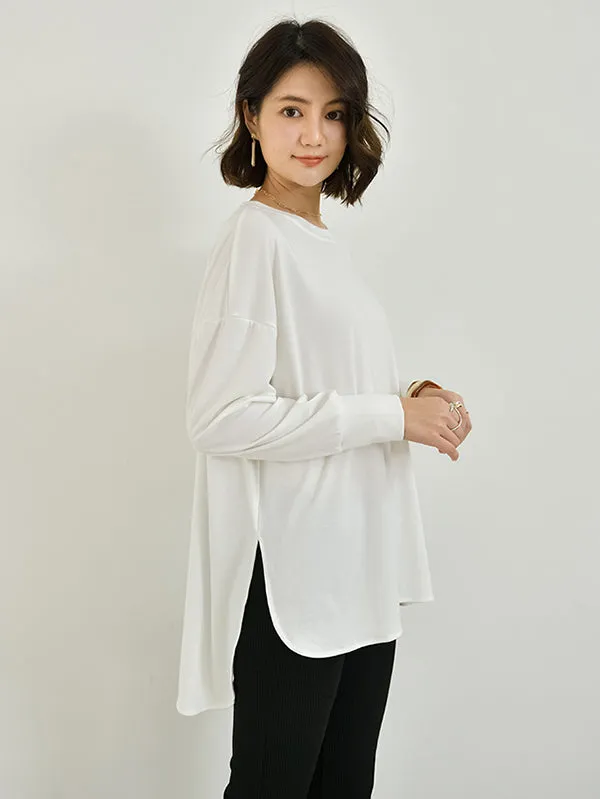 xakxx Simple Long Sleeves Loose Split-Side Solid Color Round-Neck T-Shirts Tops