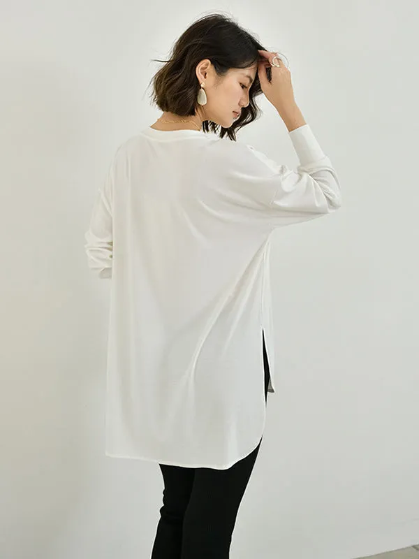 xakxx Simple Long Sleeves Loose Split-Side Solid Color Round-Neck T-Shirts Tops