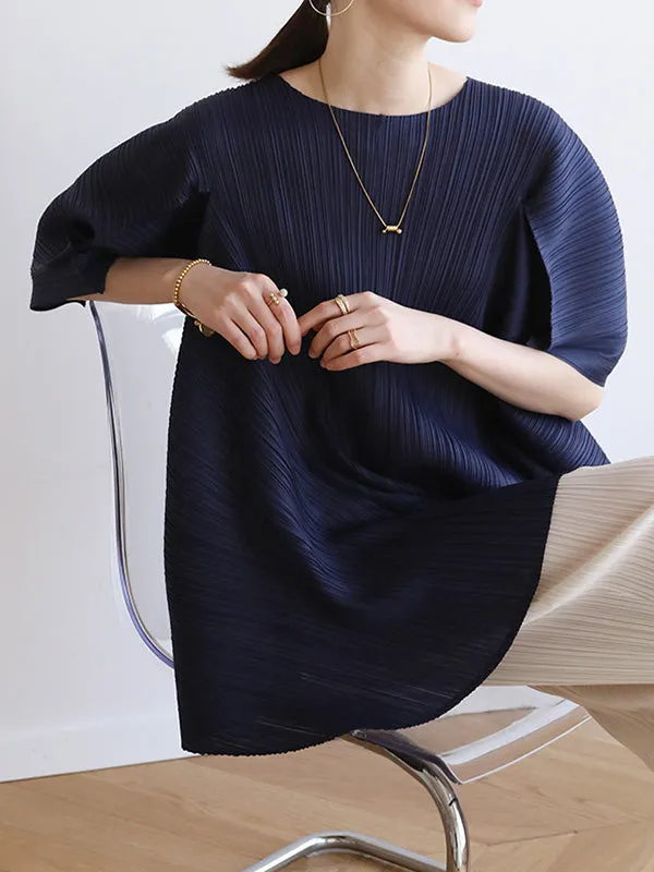 xakxx Simple Loose Long Sleeves Tied Pleated Solid Color Round-Neck T-Shirts Tops