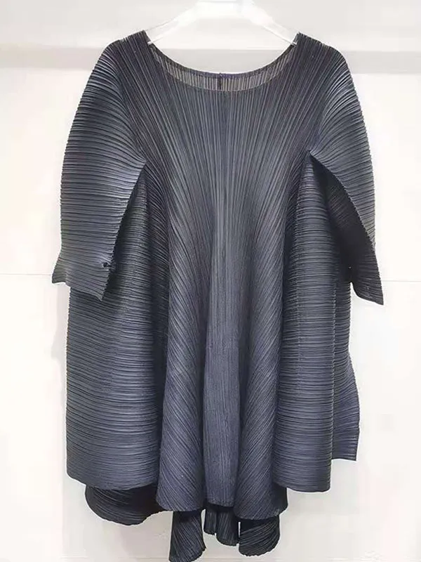 xakxx Simple Loose Long Sleeves Tied Pleated Solid Color Round-Neck T-Shirts Tops