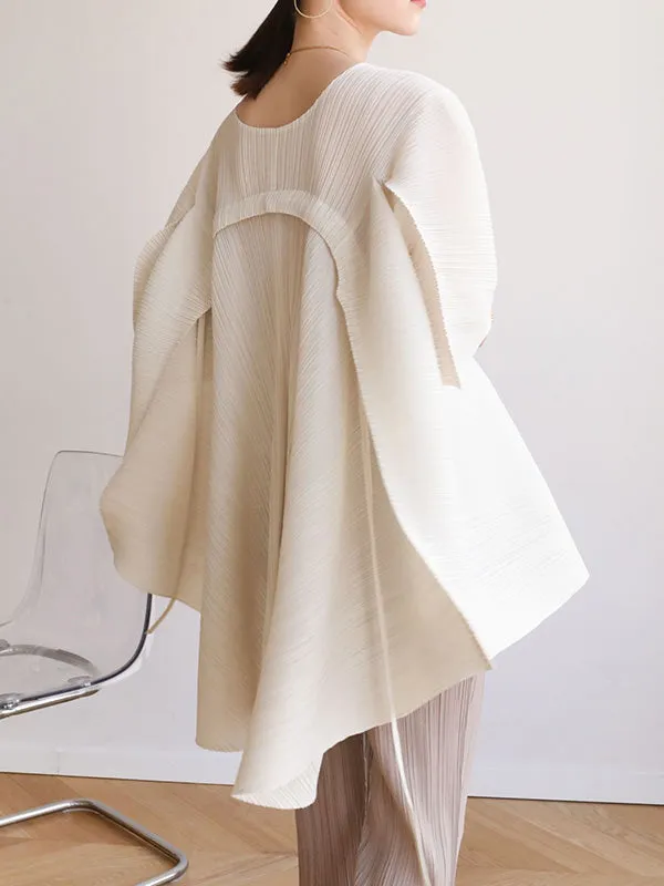 xakxx Simple Loose Long Sleeves Tied Pleated Solid Color Round-Neck T-Shirts Tops