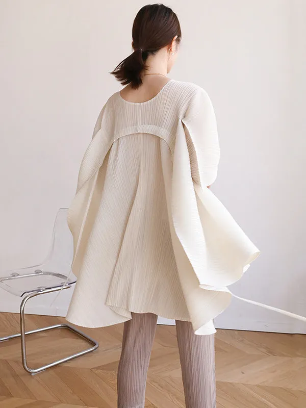 xakxx Simple Loose Long Sleeves Tied Pleated Solid Color Round-Neck T-Shirts Tops