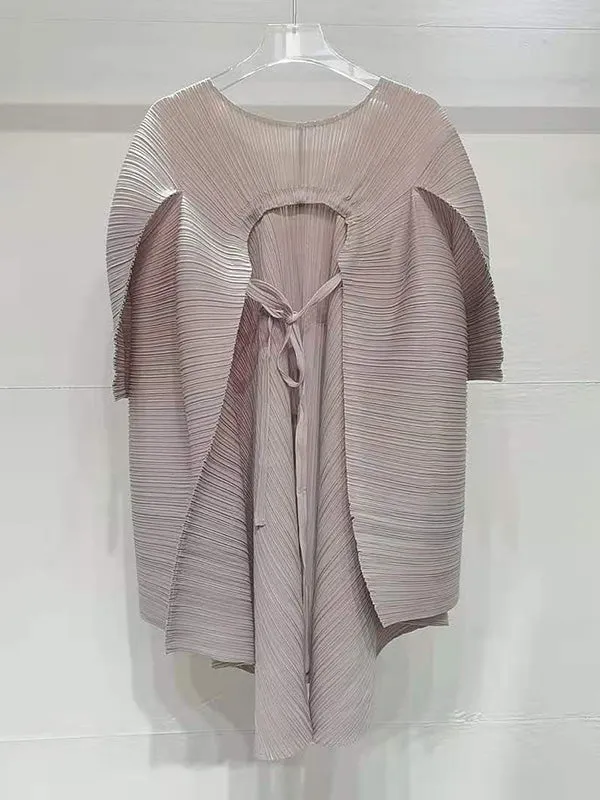 xakxx Simple Loose Long Sleeves Tied Pleated Solid Color Round-Neck T-Shirts Tops