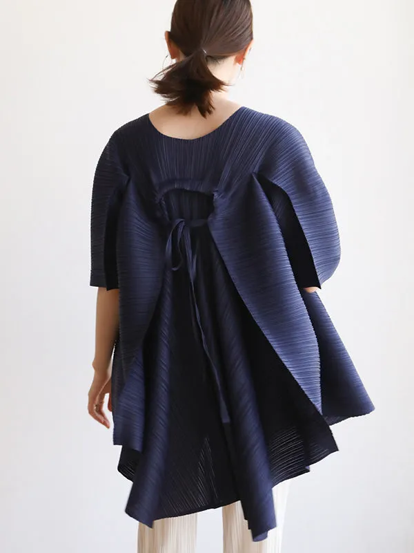 xakxx Simple Loose Long Sleeves Tied Pleated Solid Color Round-Neck T-Shirts Tops