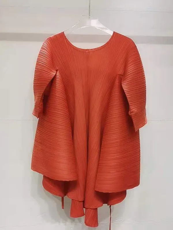 xakxx Simple Loose Long Sleeves Tied Pleated Solid Color Round-Neck T-Shirts Tops
