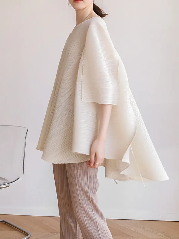 xakxx Simple Loose Long Sleeves Tied Pleated Solid Color Round-Neck T-Shirts Tops