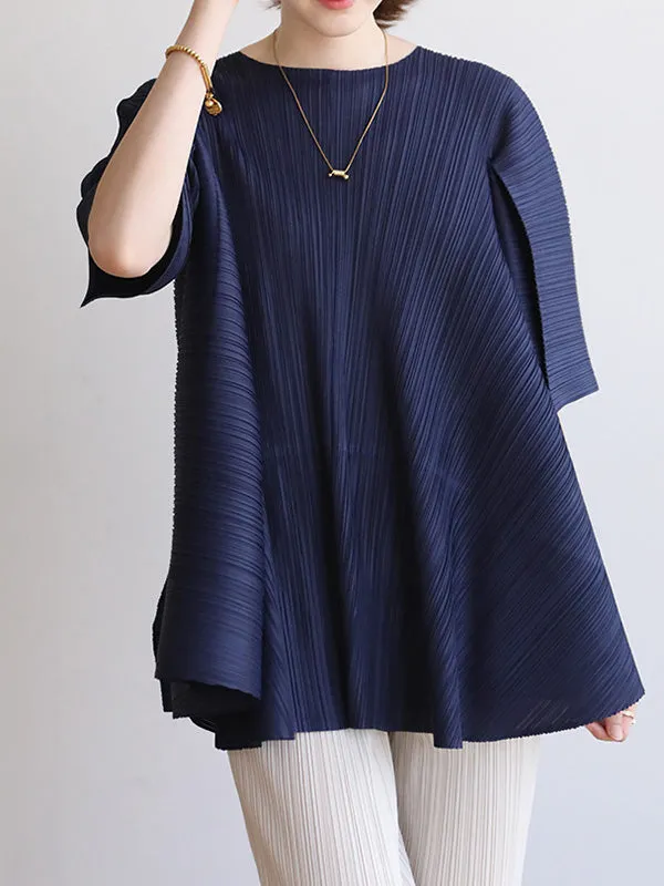 xakxx Simple Loose Long Sleeves Tied Pleated Solid Color Round-Neck T-Shirts Tops
