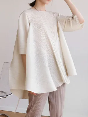 xakxx Simple Loose Long Sleeves Tied Pleated Solid Color Round-Neck T-Shirts Tops