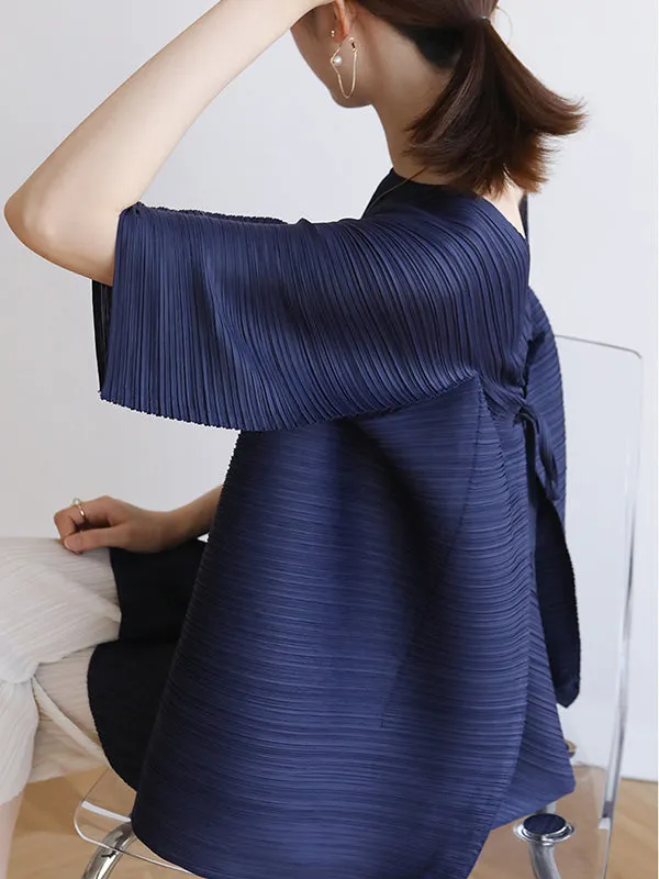 xakxx Simple Loose Long Sleeves Tied Pleated Solid Color Round-Neck T-Shirts Tops