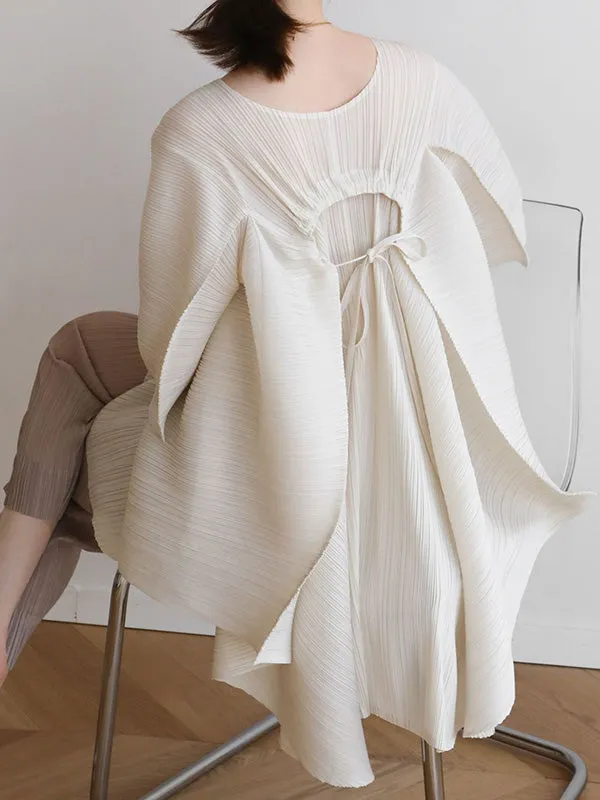 xakxx Simple Loose Long Sleeves Tied Pleated Solid Color Round-Neck T-Shirts Tops