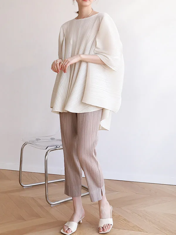 xakxx Simple Loose Long Sleeves Tied Pleated Solid Color Round-Neck T-Shirts Tops