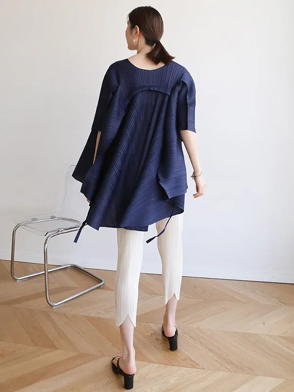 xakxx Simple Loose Long Sleeves Tied Pleated Solid Color Round-Neck T-Shirts Tops