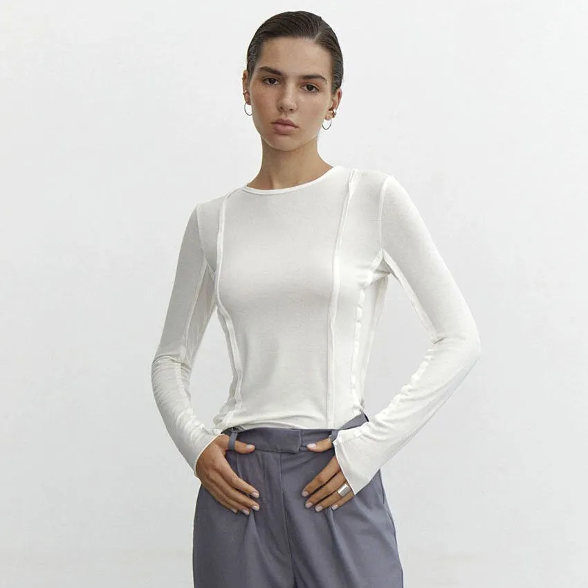 xakxx Solid Simple White Women's T-shirt Elegant Round Neck Long Sleeve Tops Female Slim T Shirts Women Outfits Basic Tees