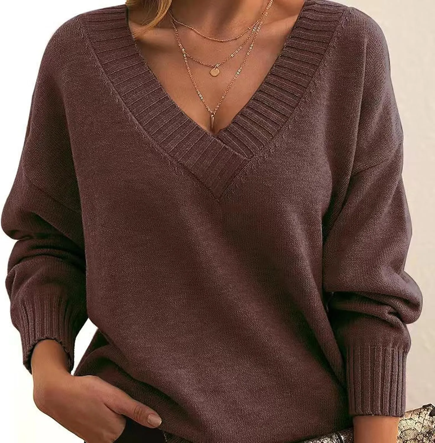ZWRXW Women's Oversized Sweaters Sexy V Neck Long Sleeve Solid Jumper Cable Knit Loose Fit Pullover Fall Fashion Tops