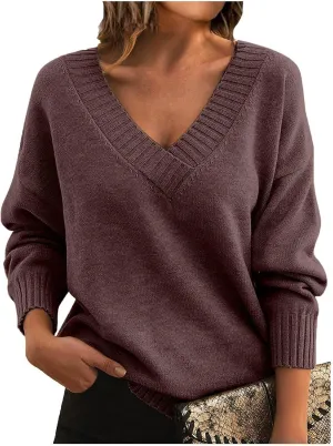 ZWRXW Women's Oversized Sweaters Sexy V Neck Long Sleeve Solid Jumper Cable Knit Loose Fit Pullover Fall Fashion Tops